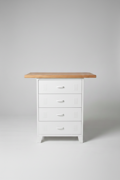 Small Rimu kitchen Island with White metal drawer base in grey background