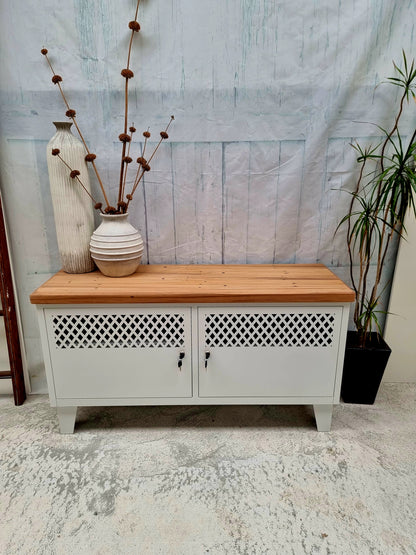 Small White industrial TV cabinet with NZ Recycled Rimu top