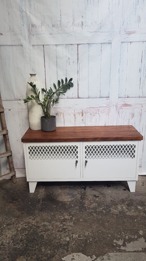 Small White industrial TV cabinet with NZ Recycled stained Dark Rimu top 
