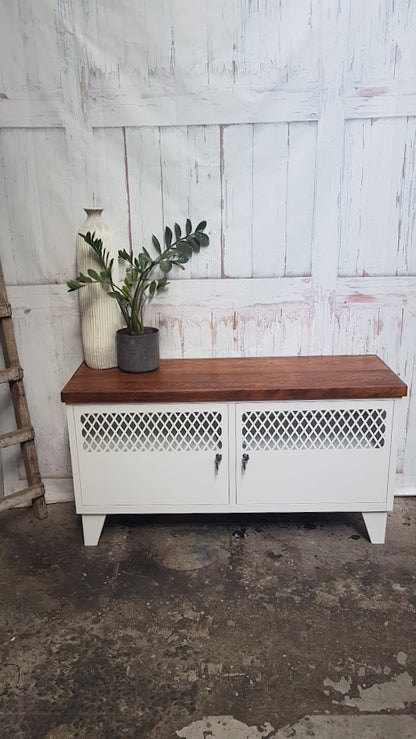 Small White industrial TV cabinet with NZ Recycled stained Dark Rimu top 