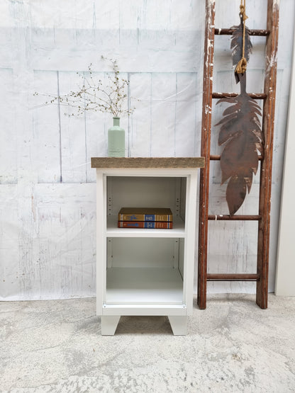 Small White metal industrial shelf with pallet top