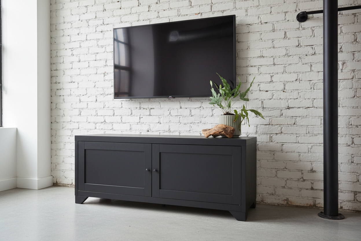 Small Modern Industrial white metal TV with panel doors. under wall mounted TV