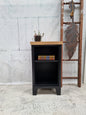 Small black metal industrial bookshelf with a Oak top