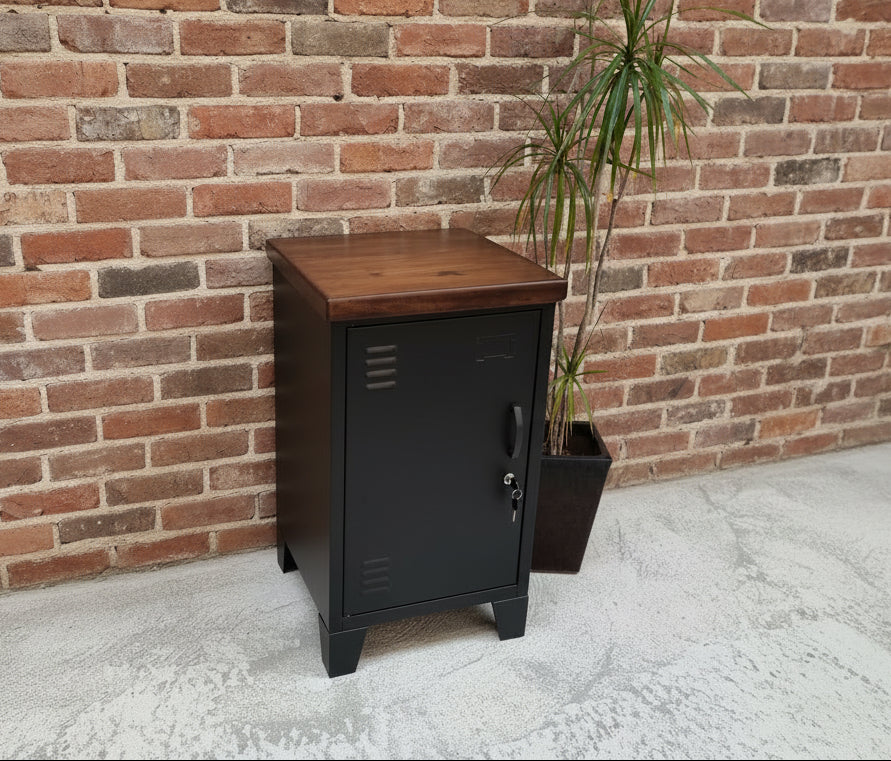 Small wooden cabinet with black door against a textured wall with a plant.