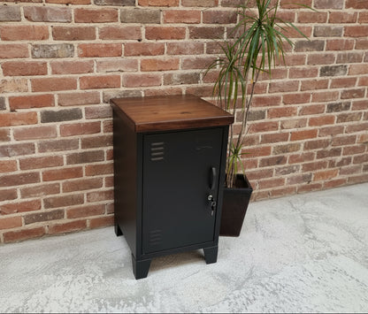 Small wooden cabinet with black door against a textured wall with a plant.