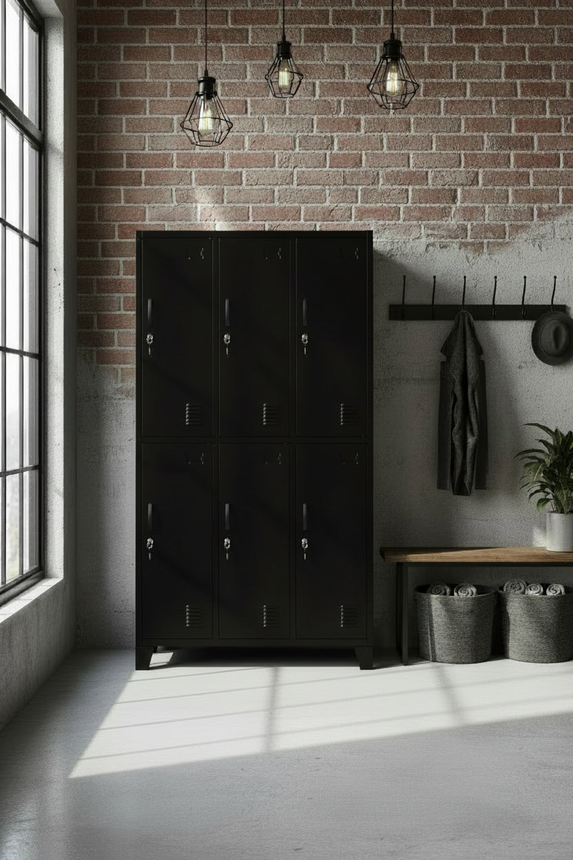 Tall Black metal locker with 6 doors in a room setting.
