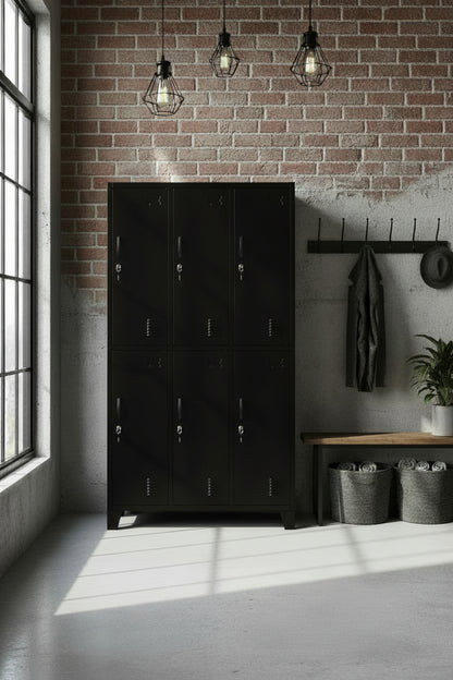 Tall Black metal locker with 6 doors in a room setting.