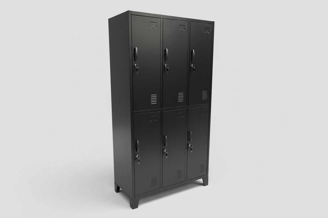 Tall black 6 Door locker, side on view