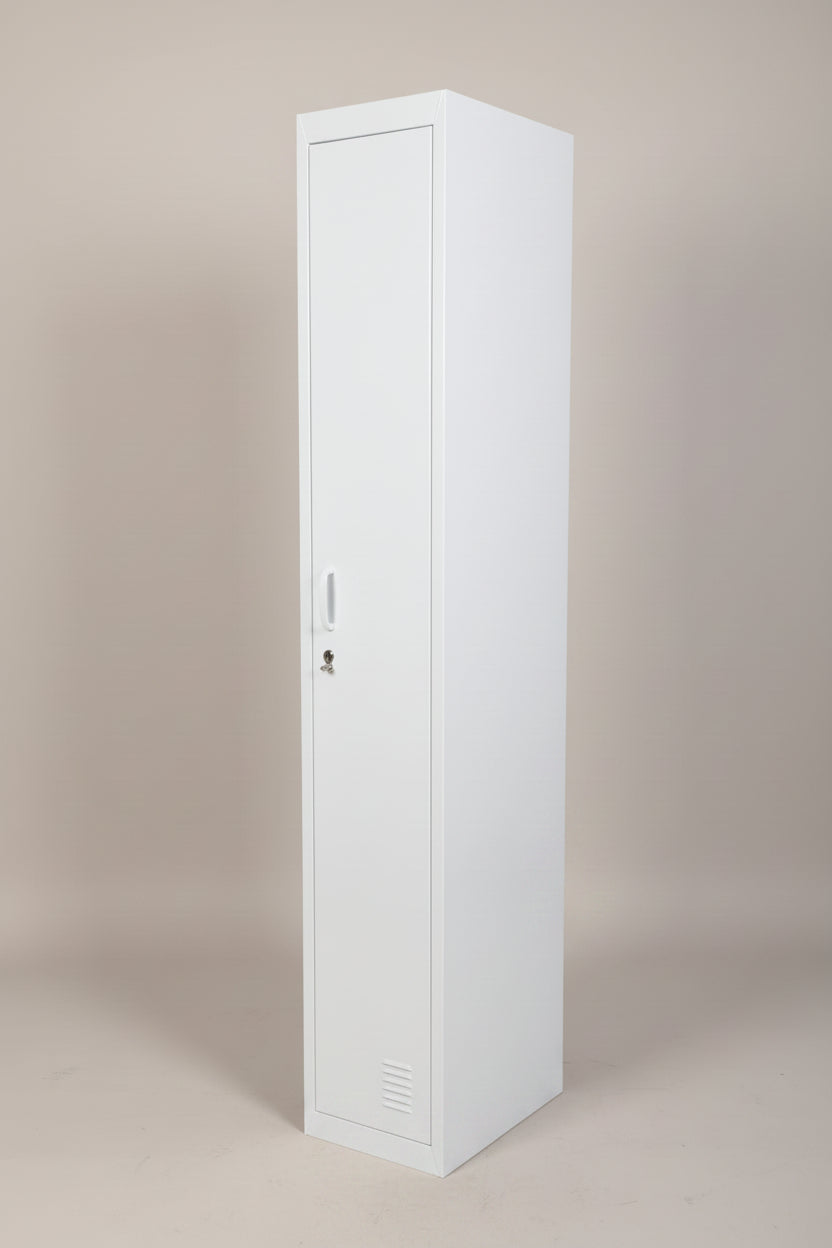 Tall narrow single door locker with padlock latch. Side on view