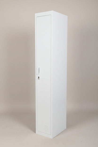 Tall narrow single door locker with padlock latch. Side on view