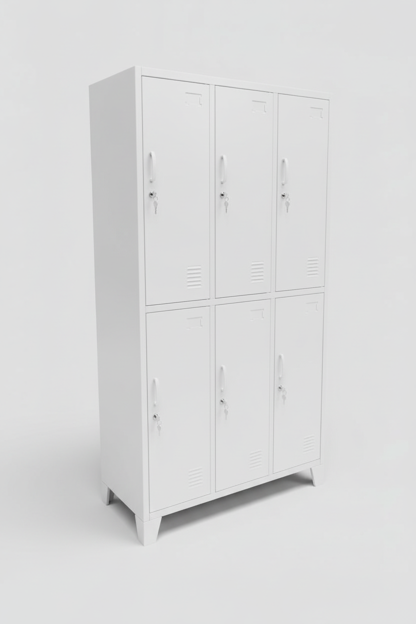 Tall White metal 6 Door locker, side on view