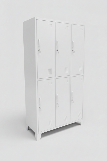 Tall White metal 6 Door locker, side on view
