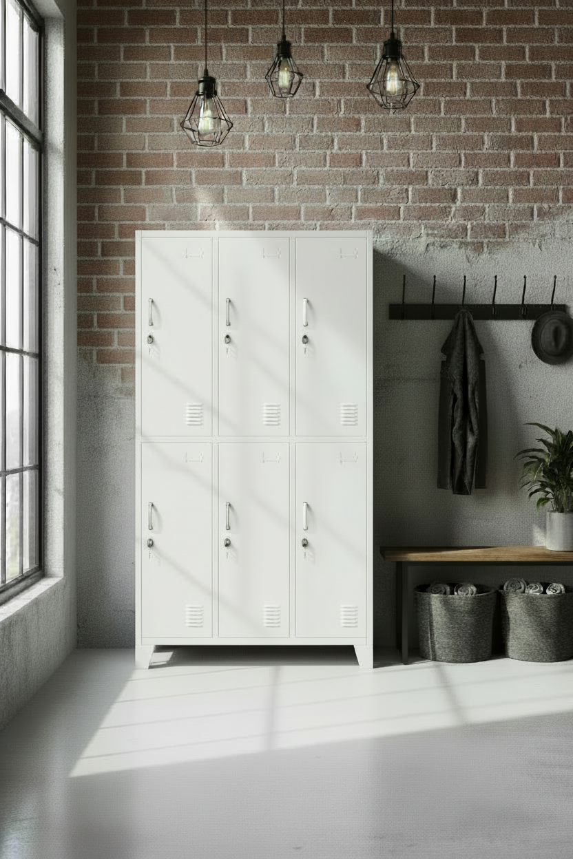 Tall white metal locker with 6 doors in a room setting.