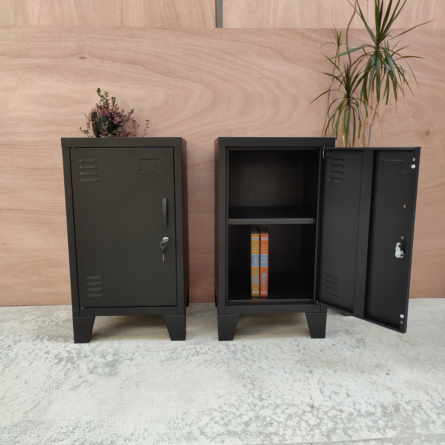 Two black mini lockers with adjustable shelves, one with doors open showing internal shelf, the other with closed doors, placed against a wooden backdrop with a potted plant beside them.