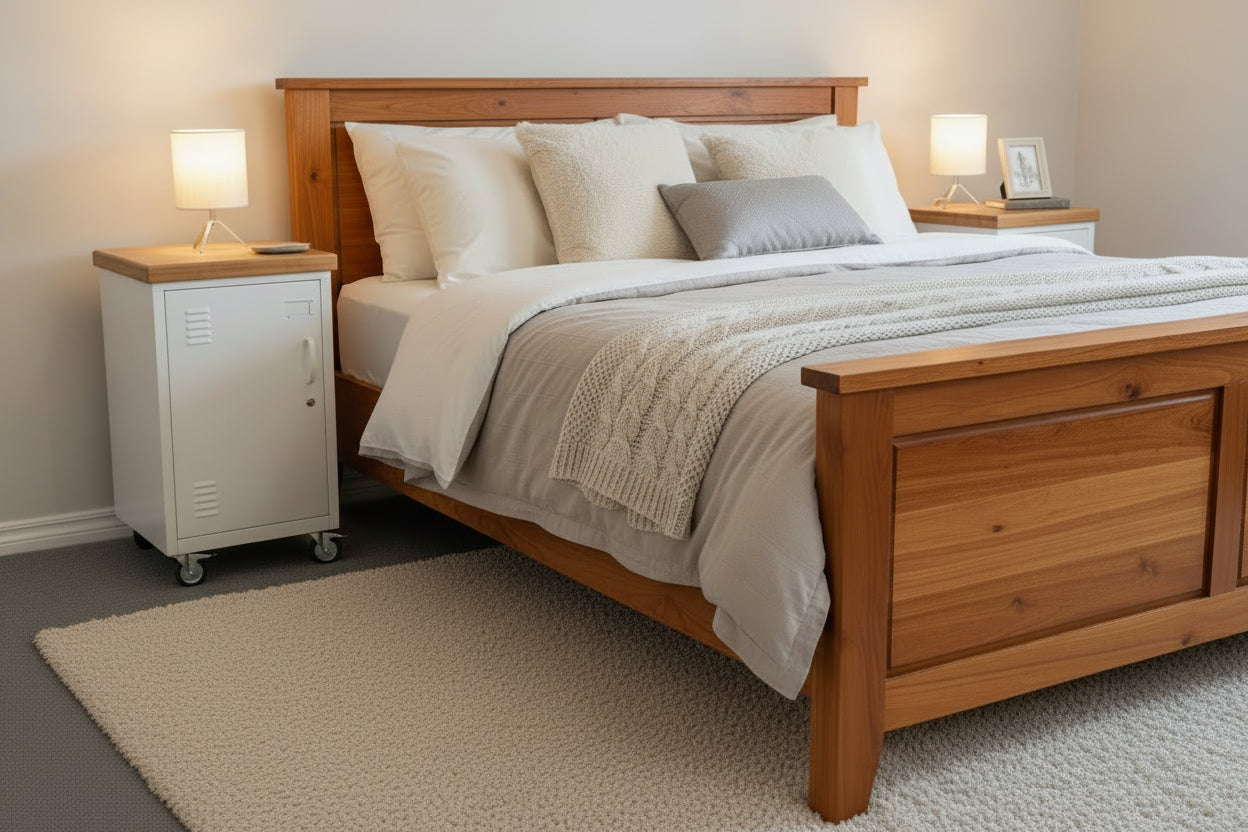 Two white metal storage cabinets with Rimu tops and caster wheels