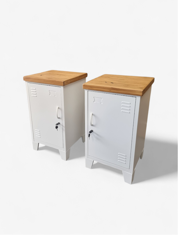 Two wooden top nightstands with white metal bases on a white background