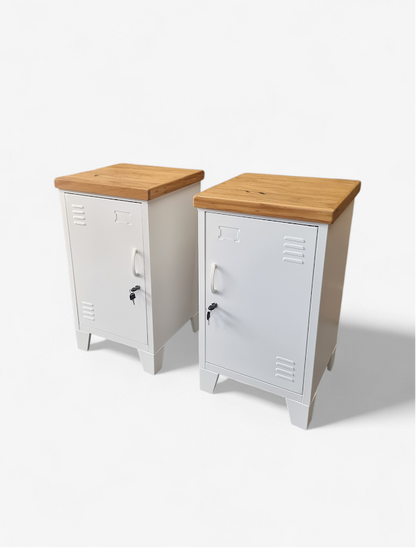 Two wooden top nightstands with white metal bases on a white background