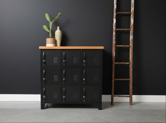 Vintage-style locker cabinet with 9 doors and Rimu top