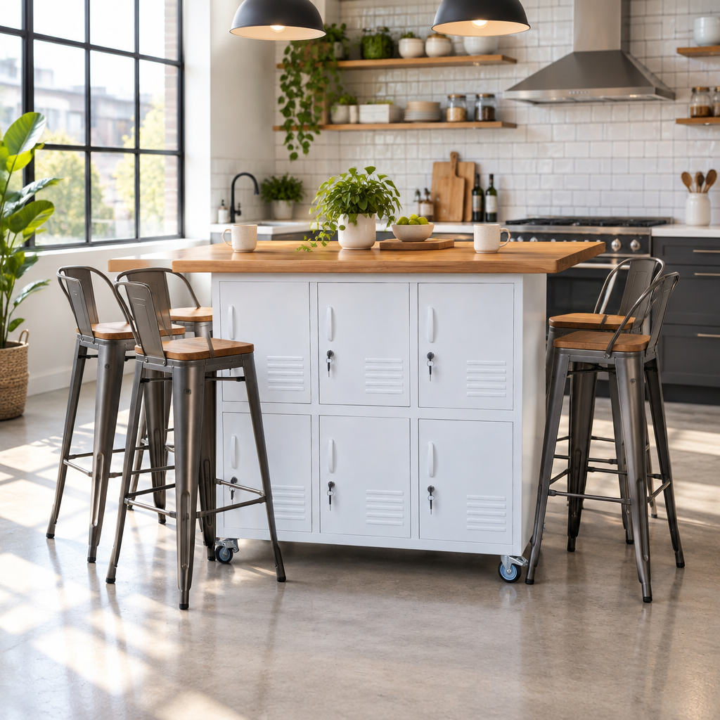 A white metal rolling storage cabinet with six doors and Rimu wood top, in a kitchen as the kitchen island
