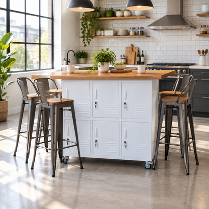 A white metal rolling storage cabinet with six doors and Rimu wood top, in a kitchen as the kitchen island