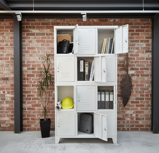 White 12 Door Industrial Metal Locker Cabinet. some doors open showing storage use.