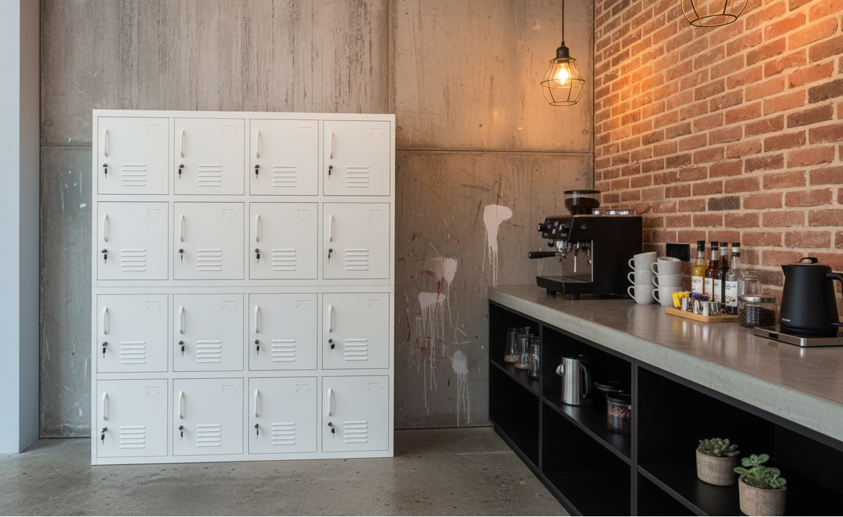 White 16 Door metal industrial locker cabinet in staff room