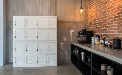 White 16 Door metal industrial locker cabinet in staff room