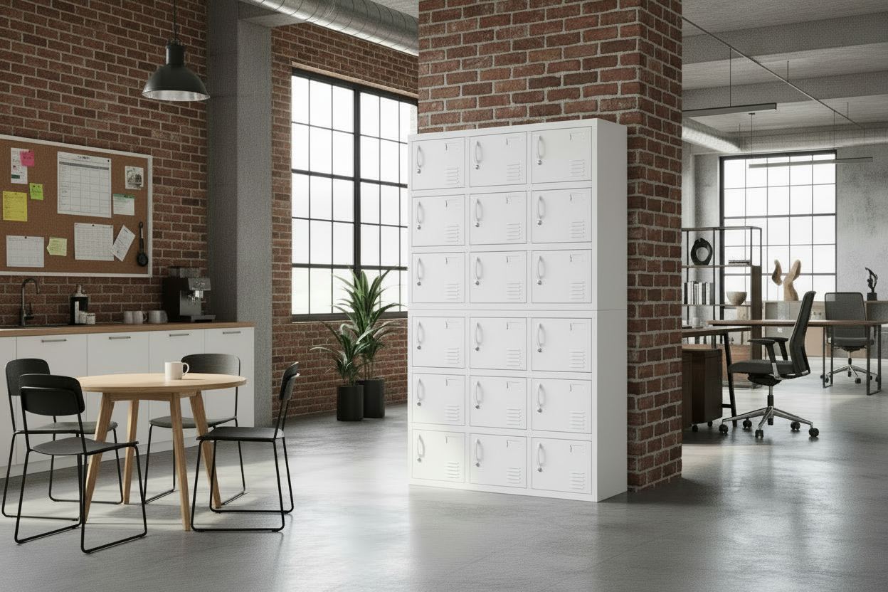 Modern office interior with white metal staff lockers, desks, and chairs.