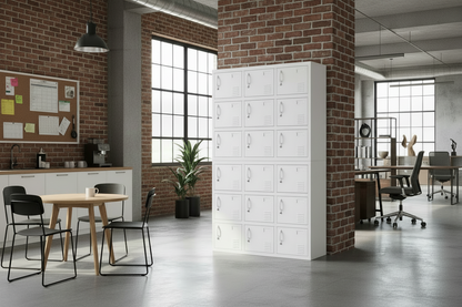 Modern office interior with white metal staff lockers, desks, and chairs.