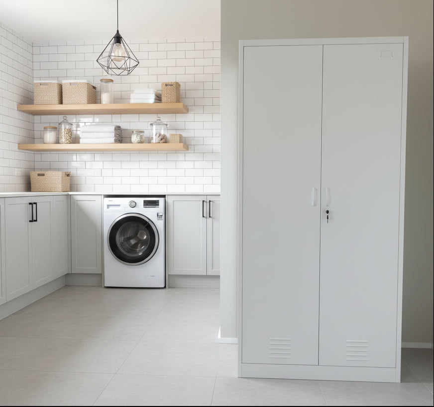 White 2 Door Metal Cupboard Locker – Wardrobe & Storage Cabinet NZ in a laundry
