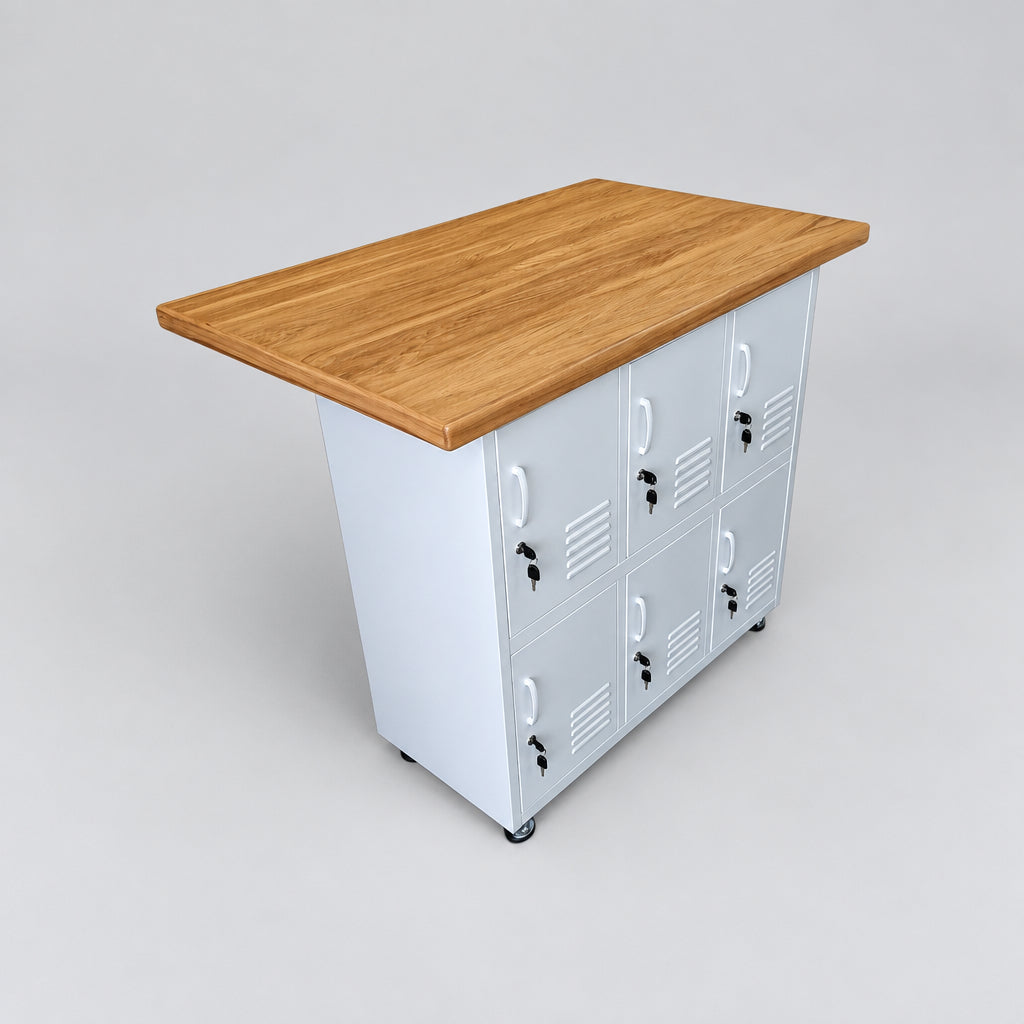 A white metal storage cabinet with six lockable doors and a rectangular Rimu top, shown on a light gray studio background.
