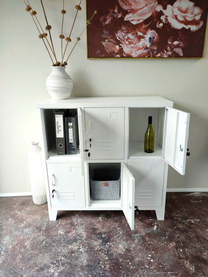 White 6 Door Locker cabinet showing great storage inside, office folder , books, wine bottle