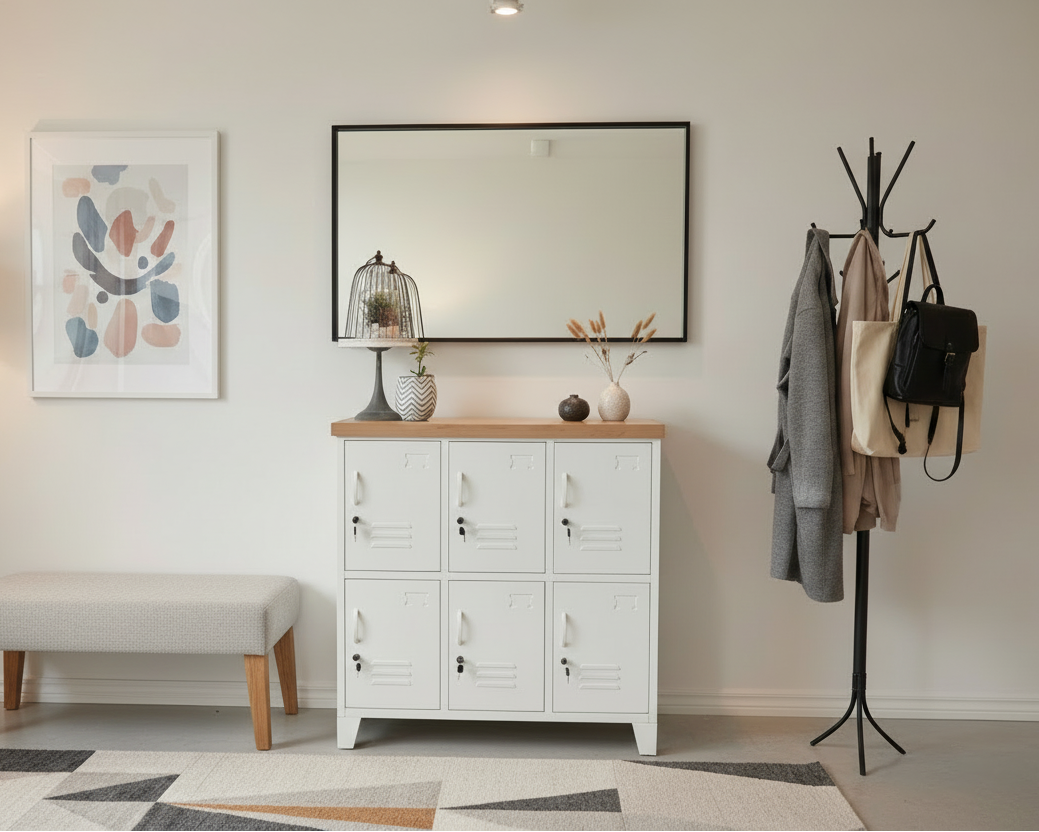 A white six-door locker with an oak top in entryway as bag and show storage