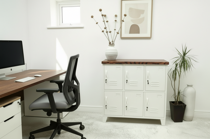 A white six-door locker cabinet with an Dark oak top, for staff lockers, home & office storage