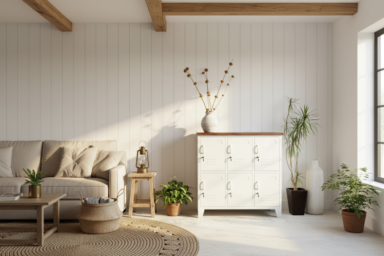 White 6 Door locker cabinet with Dark stained Recycled Rimu top in a loungeroom as the sideboard