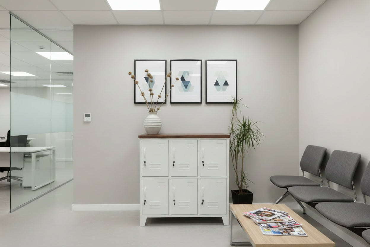 White 6 Door locker cabinet with Dark stained Recycled Rimu top used for staff lockers in waiting room
