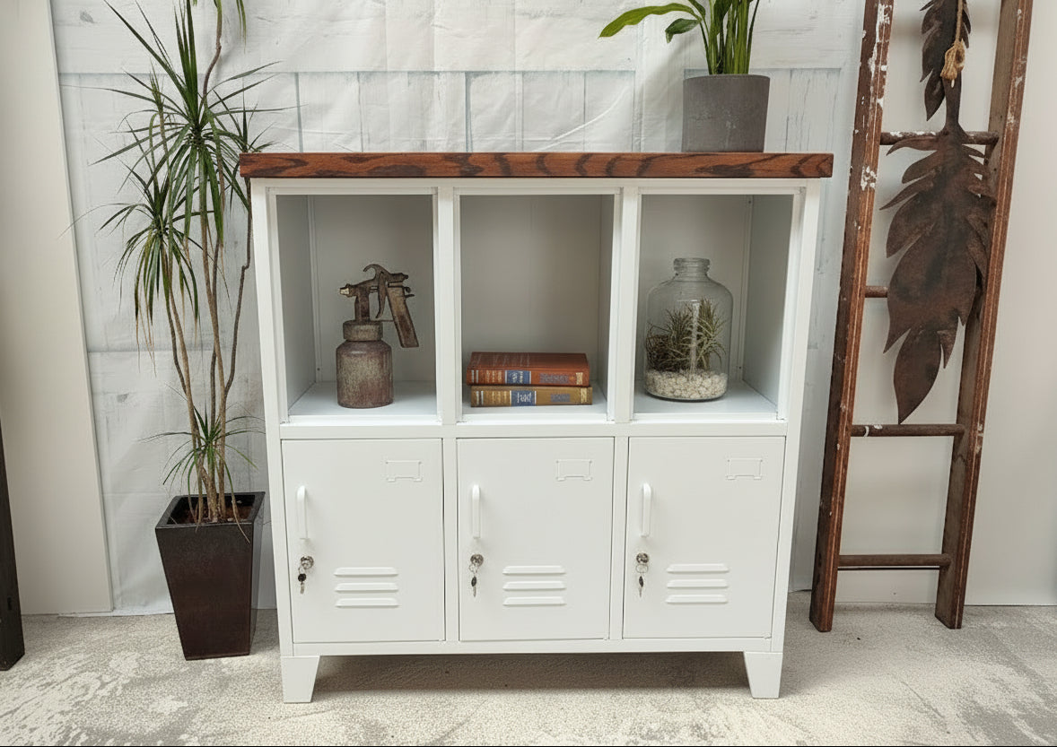 White metal cabinet with wooden Dark Oak top in a room with plants and decorative items.