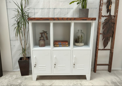 White metal cabinet with wooden Dark Oak top in a room with plants and decorative items.