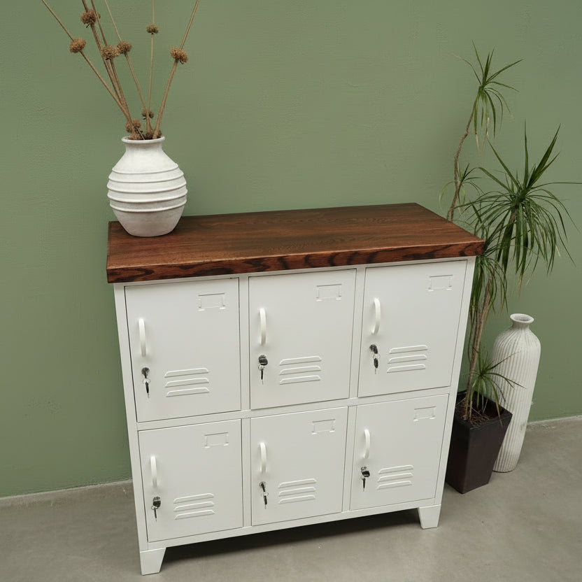 White 6 Door locker cabinet with Dark stained Oak top used for staff lockers
