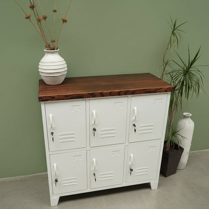 White 6 Door locker cabinet with Dark stained Oak top used for staff lockers