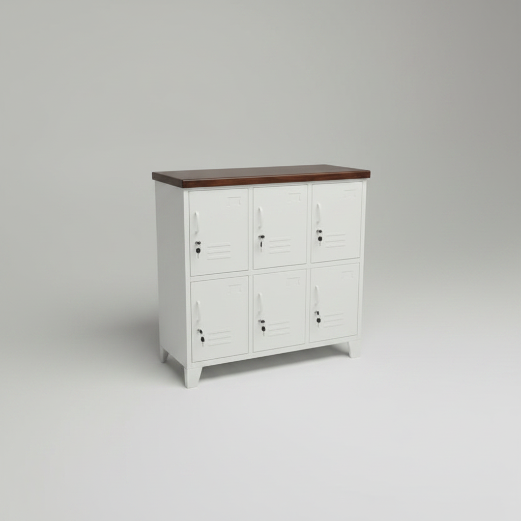 White metal 6 Door locker cabinet with Dark stained Recycled Rimu top 