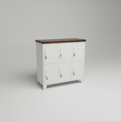 White metal 6 Door locker cabinet with Dark stained Recycled Rimu top 