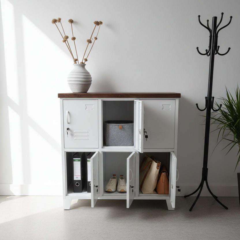 White 6 Door locker cabinet with Dark stained Recycled Rimu top with doors open to see storage for files and bags