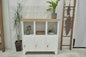 White metal cabinet with wooden Oak top in a room with plants and decorative items.