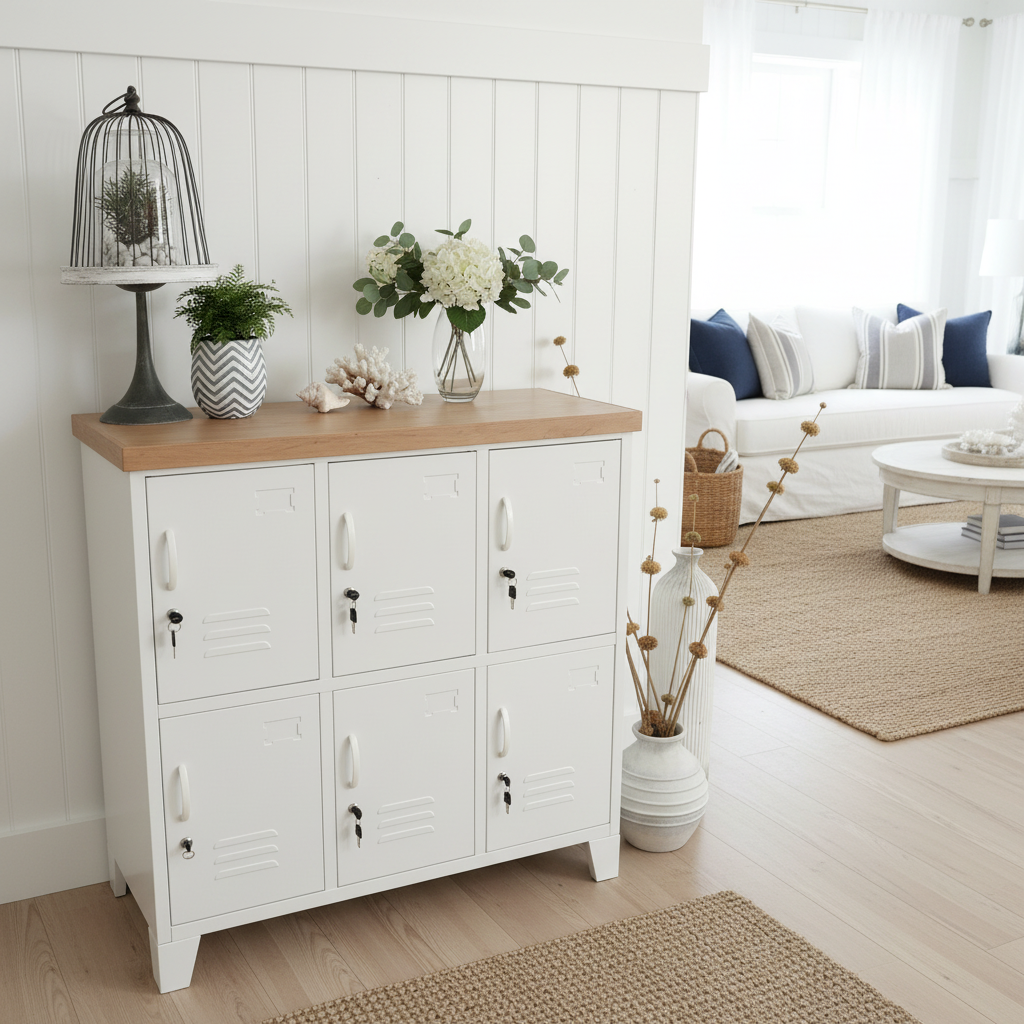 A white six-door locker with an oak top, featuring a decorative item on top and set against a neutral background.