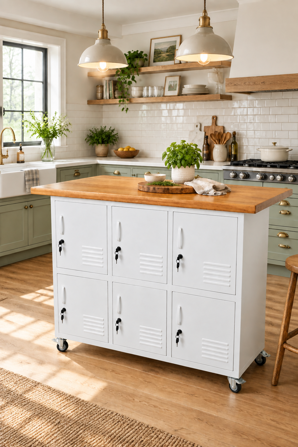 White metal 6 Door locker with Recycled Rimu Island top on casters, in farmhouse kitchen