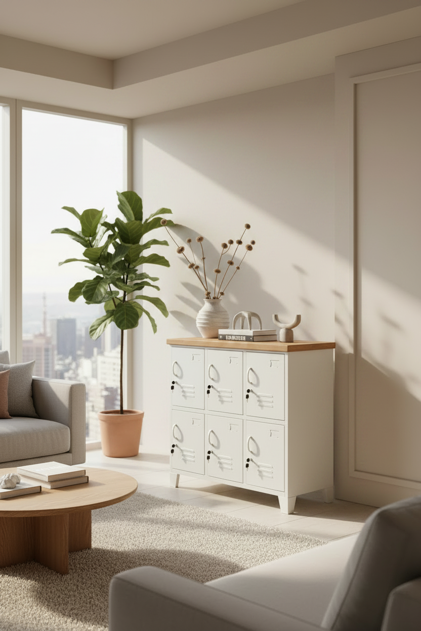 White 6 Door metal locker cabinet with Recycled Rimu top hidden storage in modern loungeroom