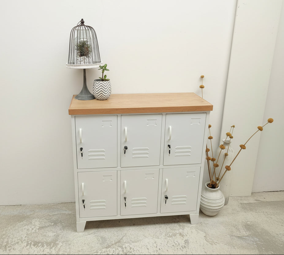 White 6 door locker with pale oak top. Metal and Oak , Metal and Oak