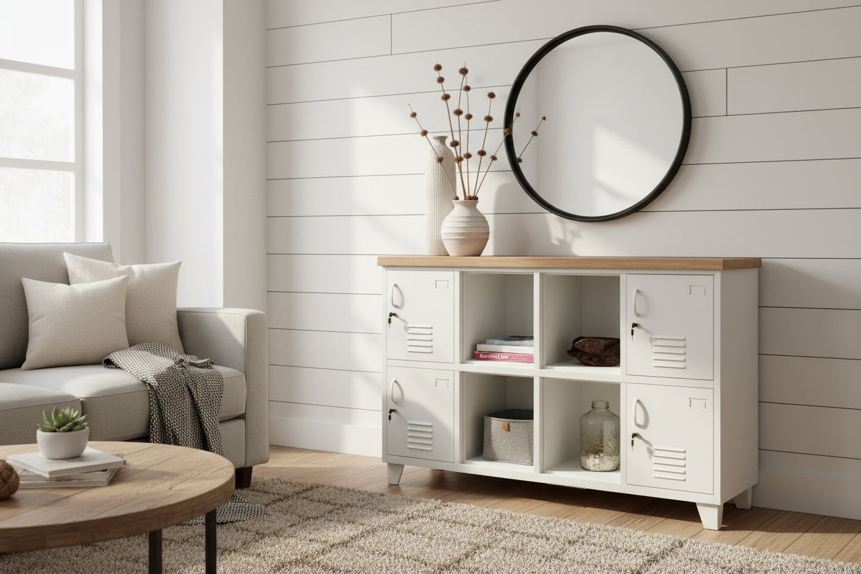 White 8 Door Industrial Metal Sideboard Locker with Oak top. open shelving in the middle