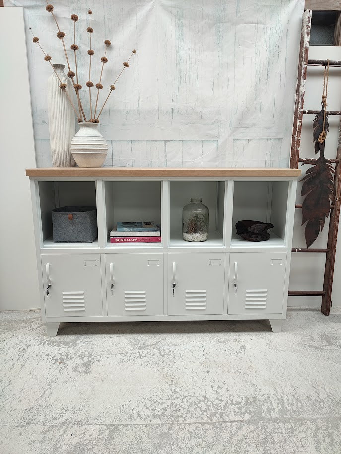 White 8 Door Industrial Metal Sideboard Locker with Oak top with open top display shelving